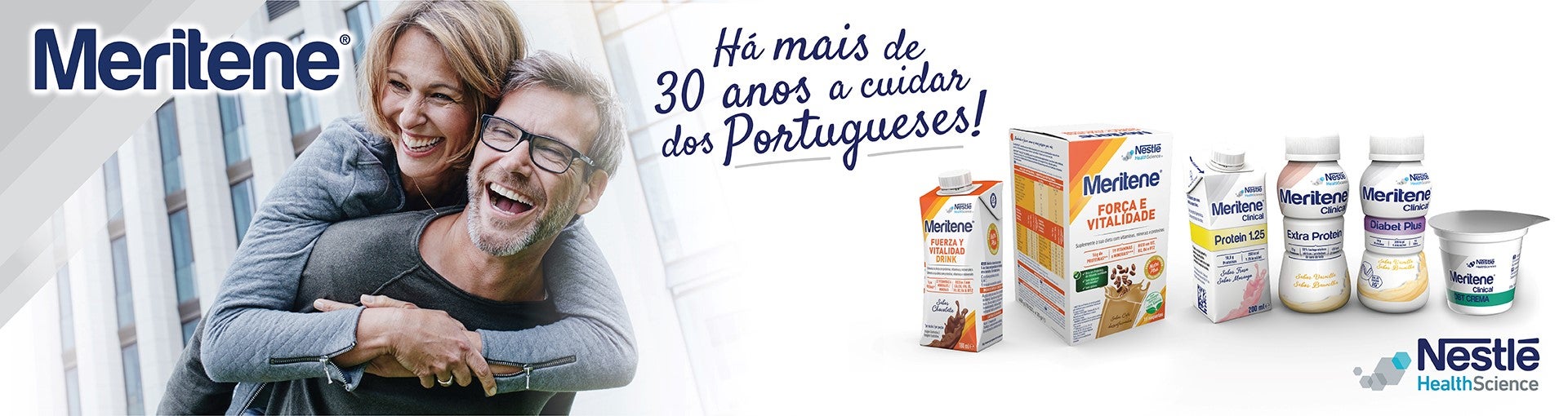 Banner Meritene: Casal sorrindo. Há mais de 30 anos cuidando dos portugueses.