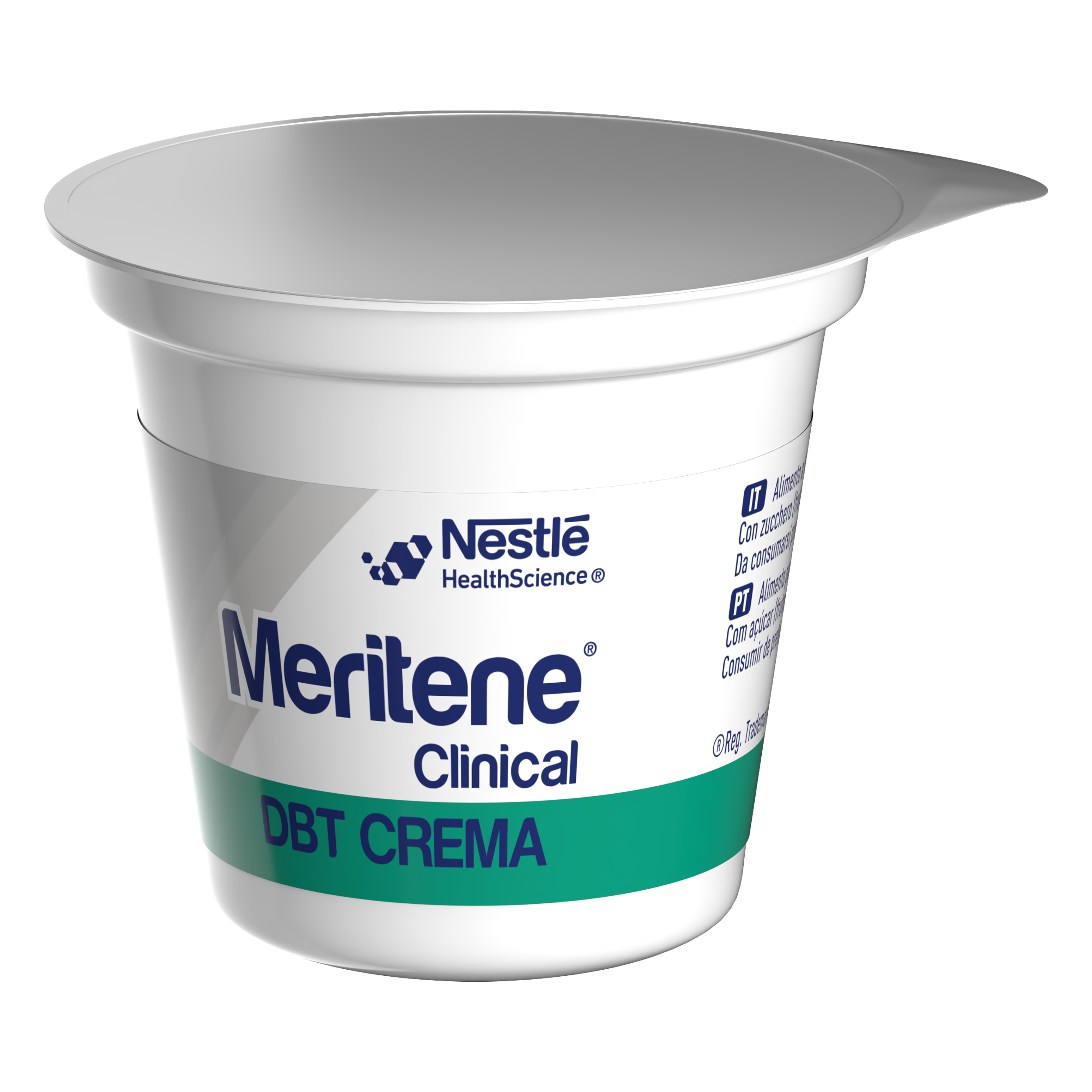 Copo individual de creme Meritene Clinical DBT com tampa selada.