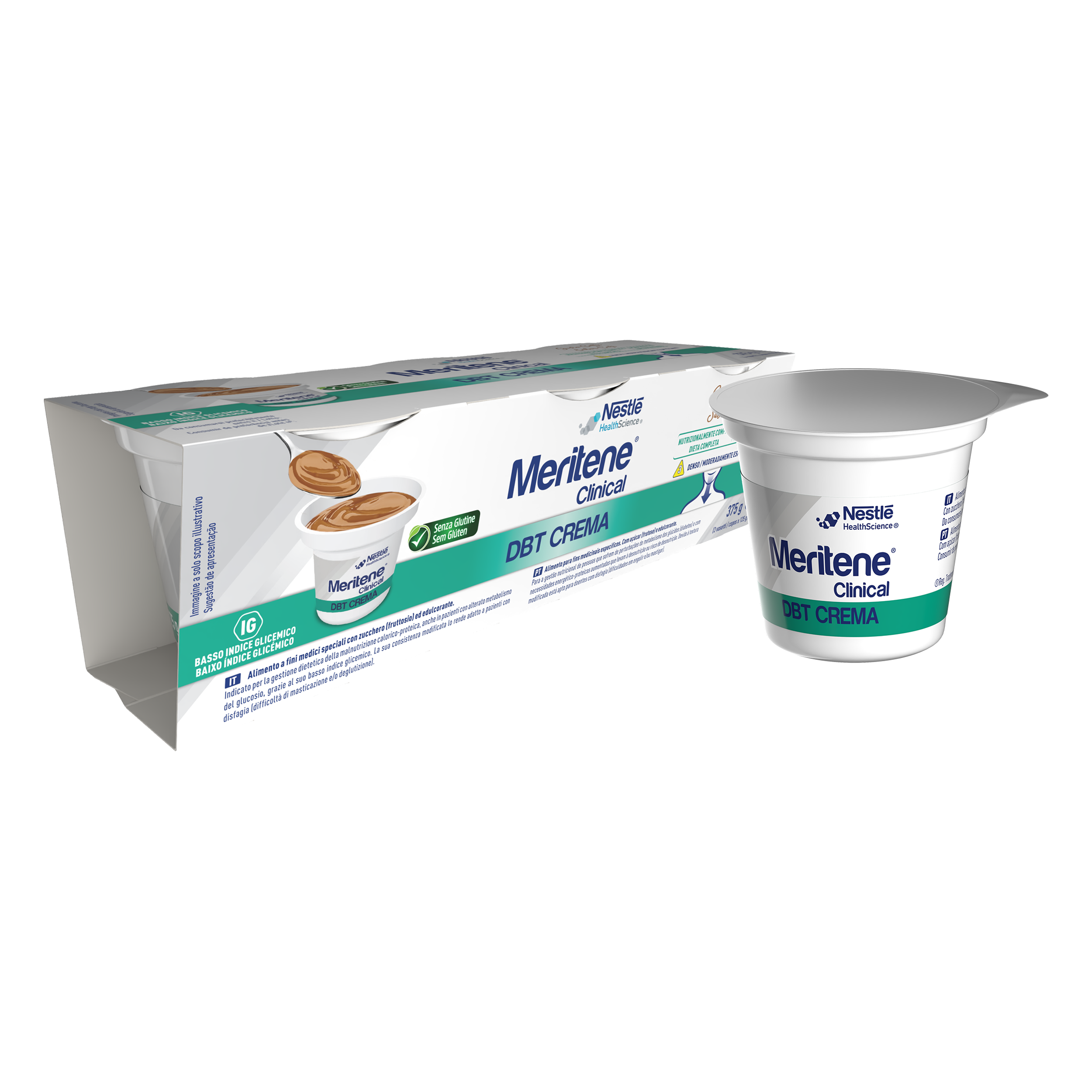 Pack e copo de creme Meritene Clinical DBT exibidos juntos.