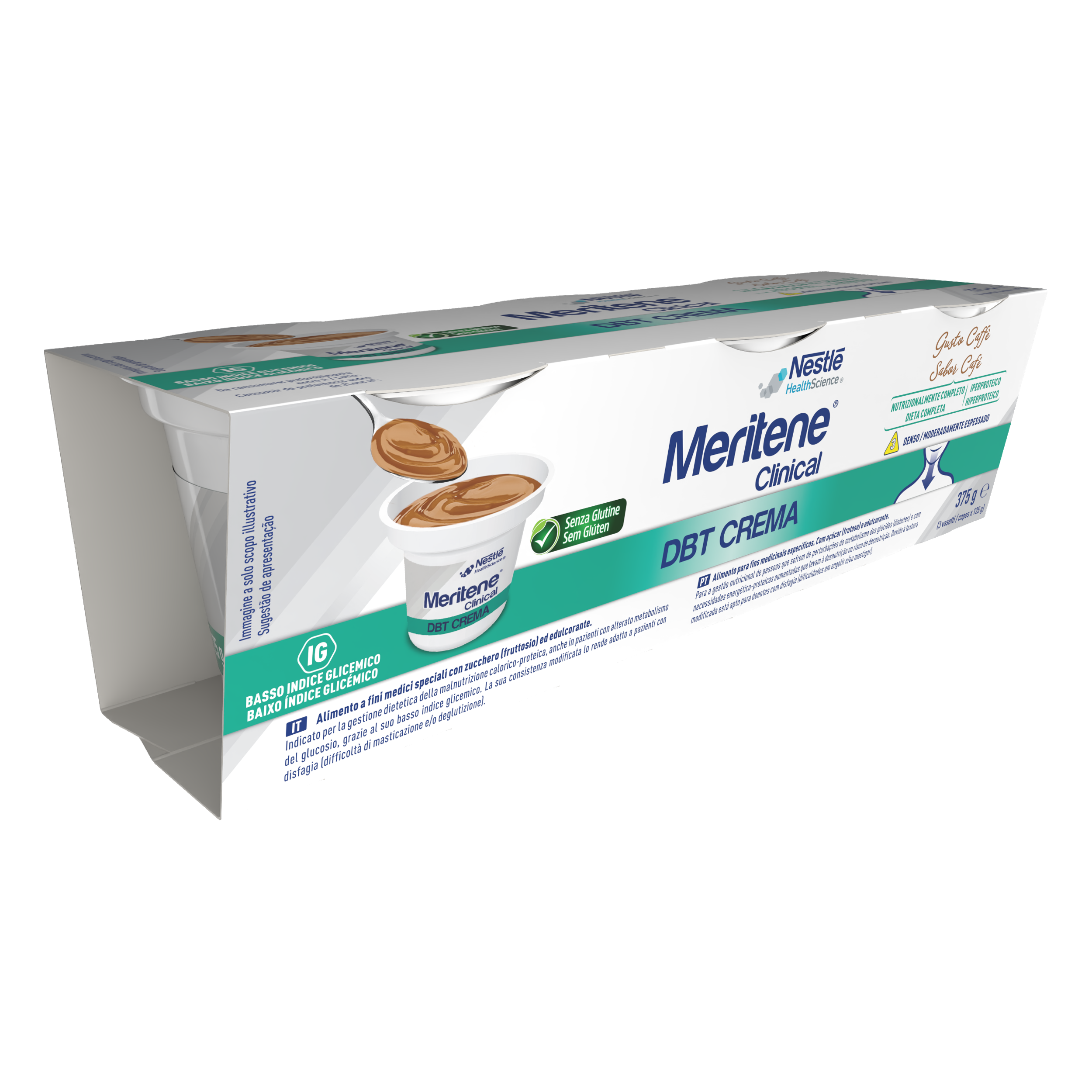 Embalagem de creme Meritene Clinical DBT em pack com porções individuais.