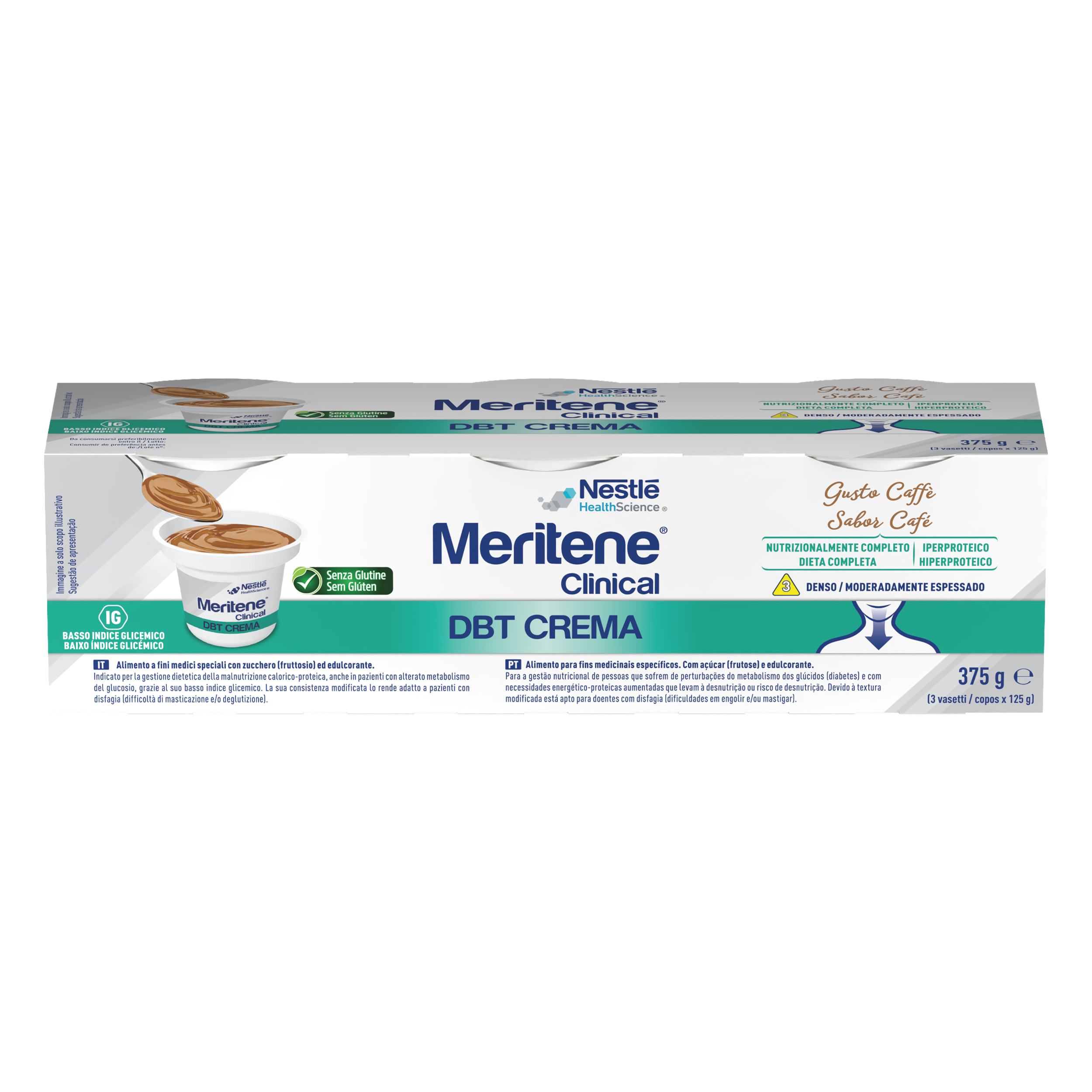Caixa de creme Meritene Clinical DBT com ilustração do produto em colher.