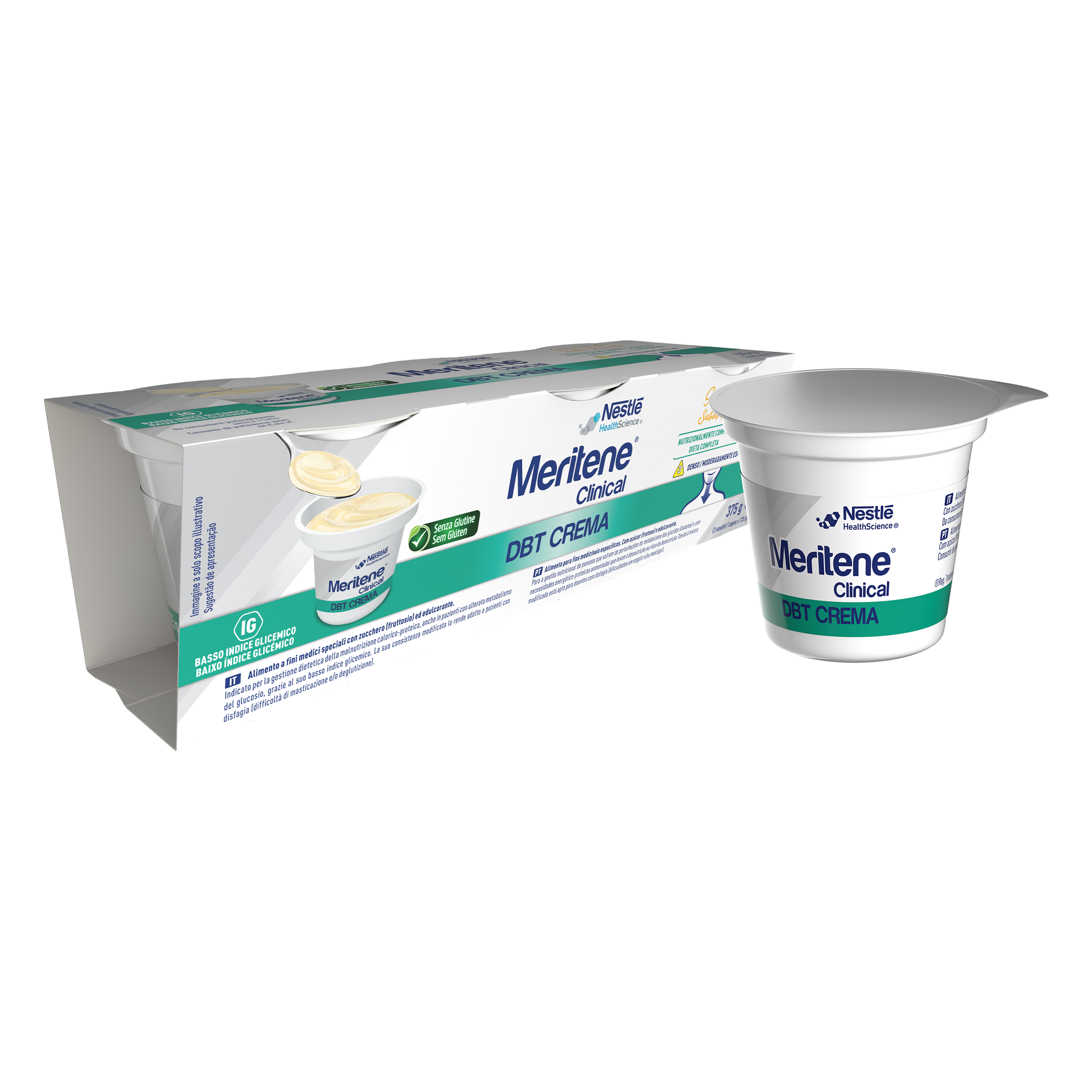 Pack e copo de creme Meritene Clinical DBT exibidos juntos.