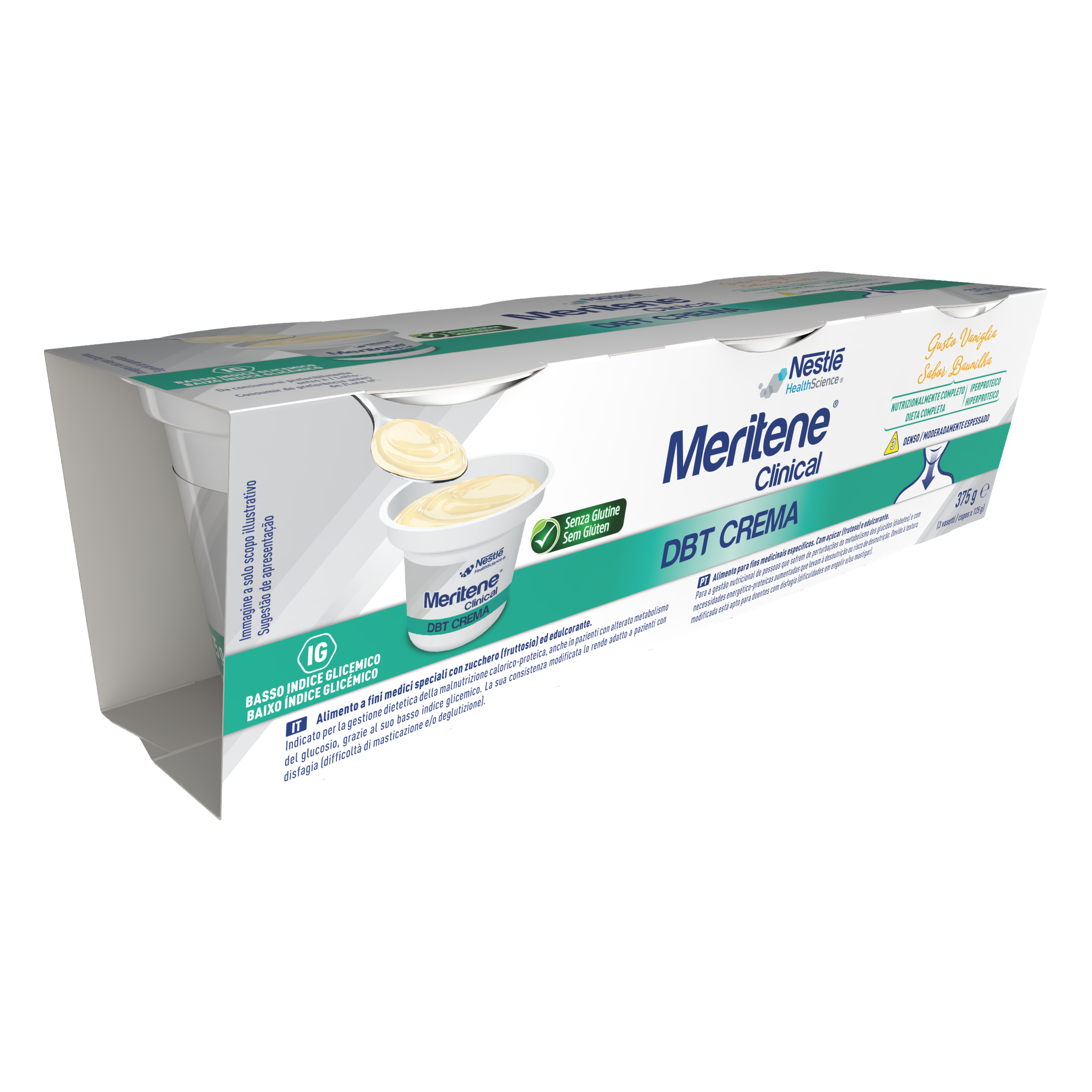 Embalagem de creme Meritene Clinical DBT sabor baunilha em pack com porções individuais.
