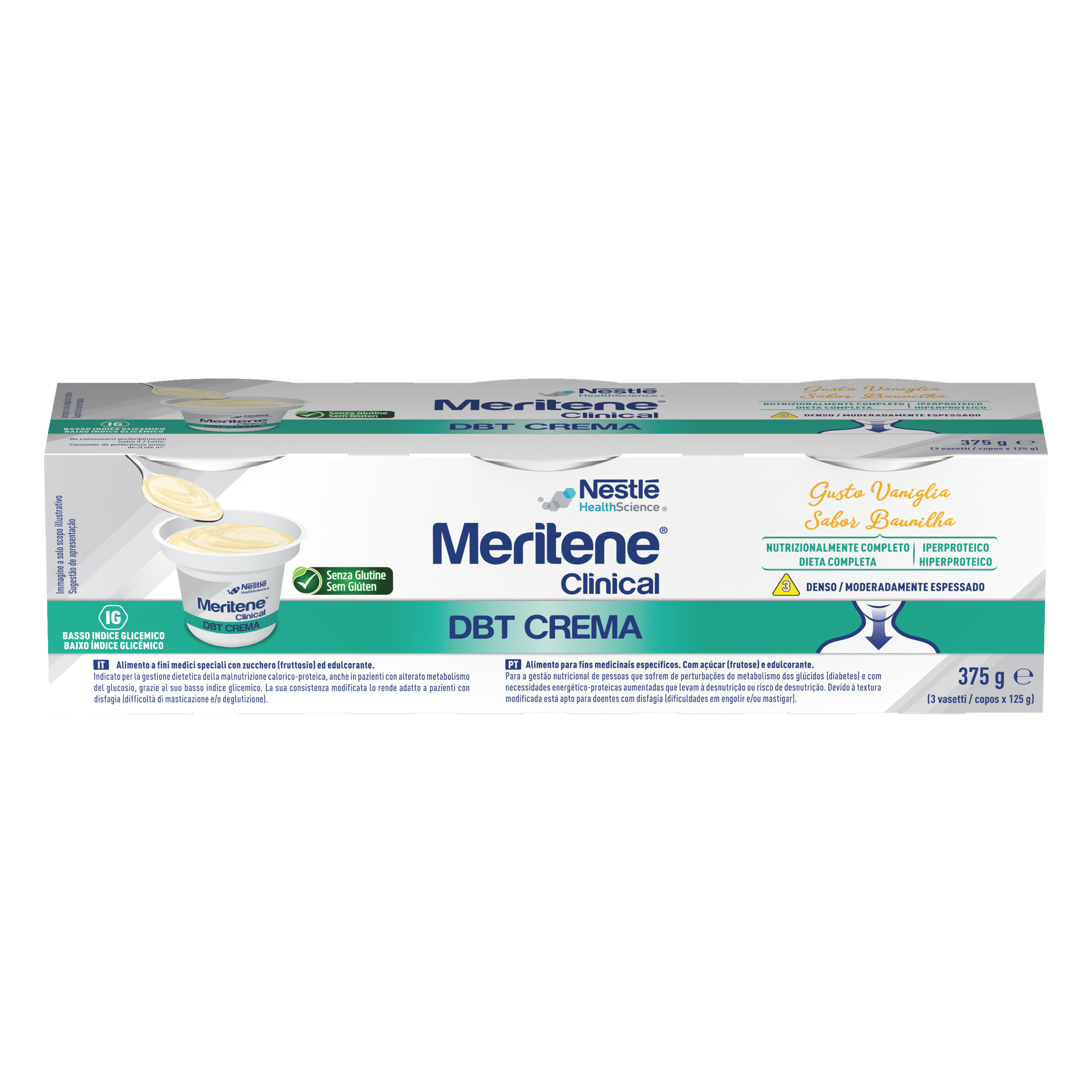 Embalagem de creme Meritene Clinical DBT sabor baunilha com ilustração do produto em colher e pote.