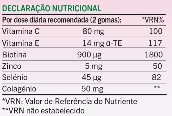 DECLARAÇÃO NUTRICIONAL Cabelo, Pele e Unhas – Gomas com Colagénio