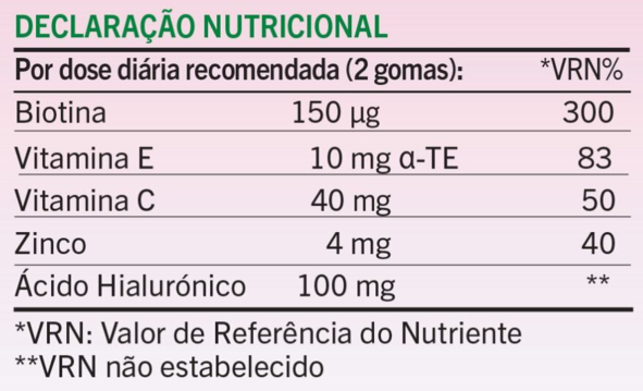 DECLARAÇÃO NUTRICIONAL Pele Bonita – Gomas com Ácido Hialurónico